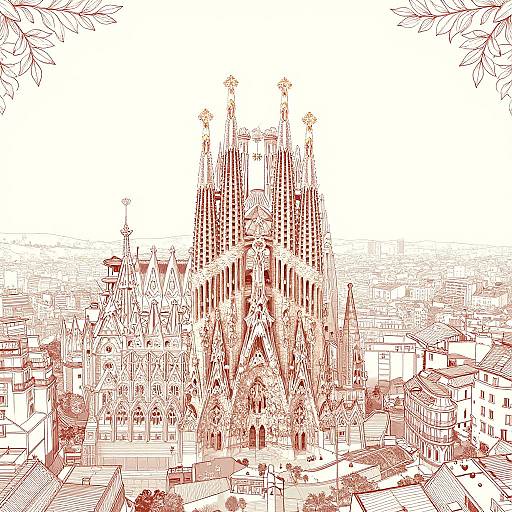 Detailed black-and-white line drawing of a grand Gothic cathedral with intricate spires and surrounding urban buildings, framed by leafy branches.