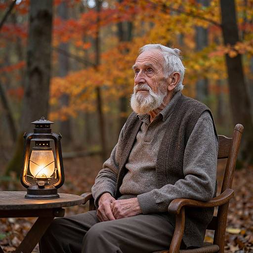 Photograph of an elderly white man with white hair and beard, sitting in a forest, wearing a gray sweater and vest, beside a lit lantern on