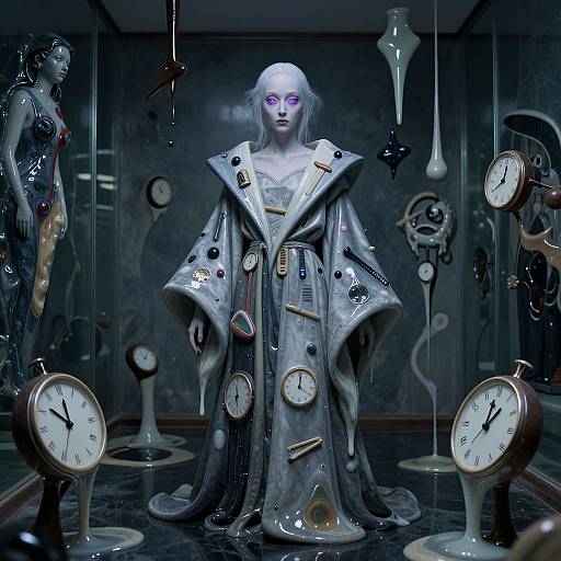 Photograph of a white-skinned, eerie humanoid figure in a glossy, clock-adorned coat, surrounded by clocks and dark, reflective background.