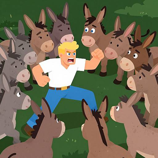 Cartoon-style image of a blond, muscular man in a white shirt and blue pants, surrounded by angry donkeys in a grassy field. He