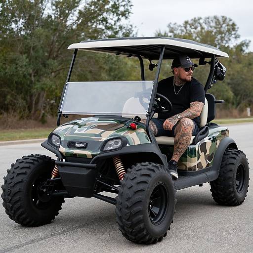 Tattooed man in black shirt and cap drives camo-patterned, all-terrain golf cart with large tires on a paved road. Phot
