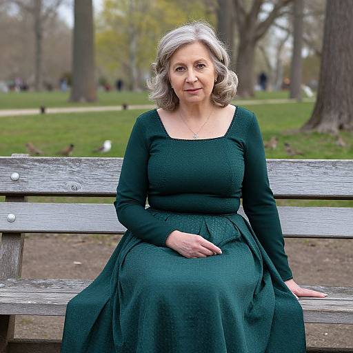 Photograph of a middle-aged white woman with short, wavy gray hair, wearing a dark green, textured dress, sitting on a wooden park bench