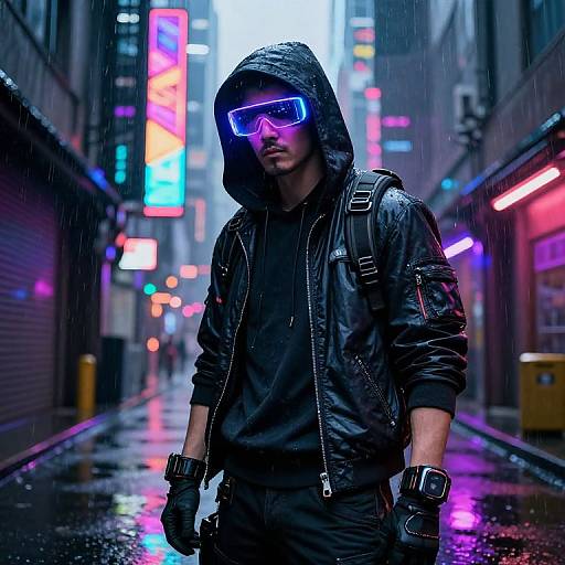 Neon-lit cyberpunk street at night, raining; hoodie-wearing man in black leather jacket, glowing blue visor, gloves, and watch