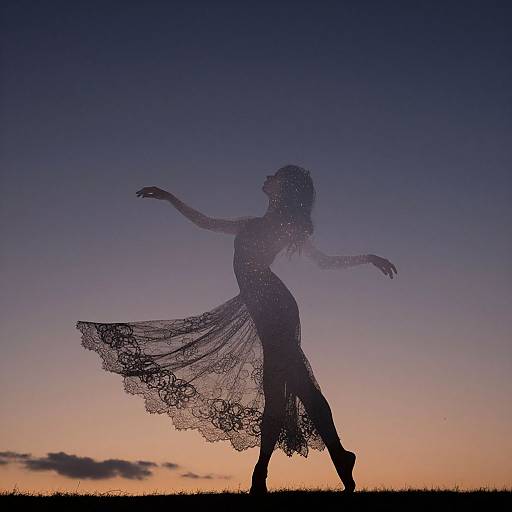 Silhouetted woman in flowing lace dress dancing against a twilight sky with a gradient of purple, orange, and pink.