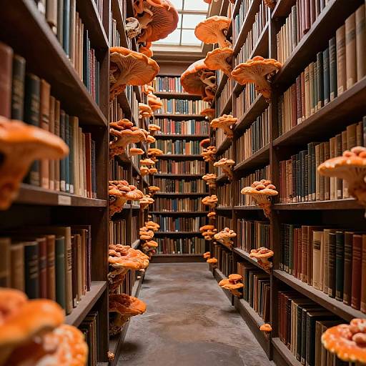 Photograph of a narrow library aisle with dark wooden shelves filled with books, adorned with hanging, vibrant orange mushrooms.
