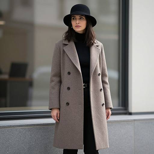 Photograph of a young woman with pale skin and dark hair, wearing a black hat, light gray double-breasted coat, black turtleneck,