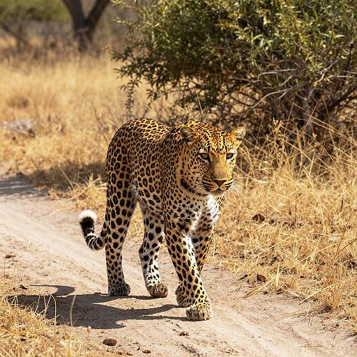 Photograph of a leopard with golden-yellow fur and black spots walking on a sunlit dirt path in a dry, grassy savanna.