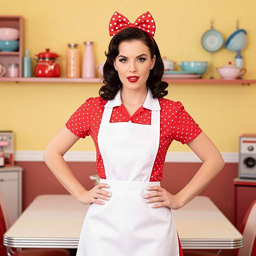 Digital illustration of a fair-skinned woman with black curly hair, red polka dot dress, white apron, and red polka dot bow,