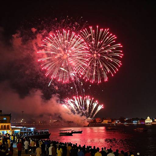 Photograph of vibrant red fireworks exploding over a dark night sky, reflecting on a water body, with a crowd silhouetted in the foreground and
