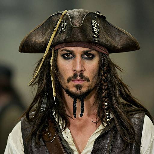 Photograph of a rugged pirate with long dark hair, black eye makeup, and a brown tricorn hat adorned with beads and ribbons.