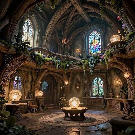 Photograph of a dimly-lit, medieval-style cathedral interior with stained glass windows, hanging greenery, ornate wooden carvings, and