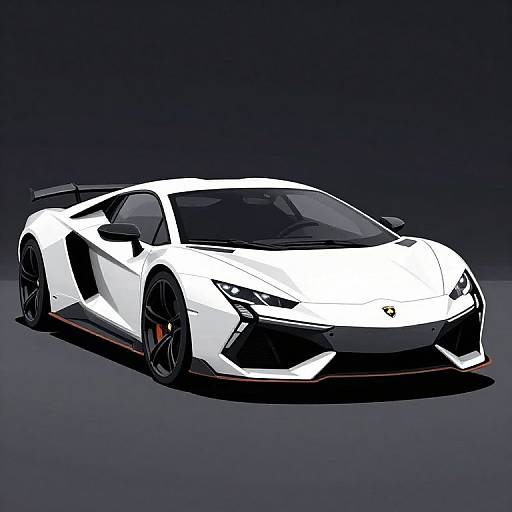 Digital illustration of a sleek, white Lamborghini Aventador with black accents, red brake calipers, and sharp angular lines, set against a dark