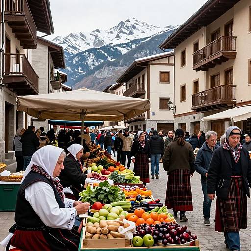 Photograph of a bustling Alpine market street with vendors in traditional attire, colorful fruits and vegetables, mountain backdrop, and people browsing.