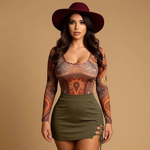 Photograph of a woman with long black hair, wearing a brown wide-brimmed hat, sheer patterned top, and olive green mini skirt with
