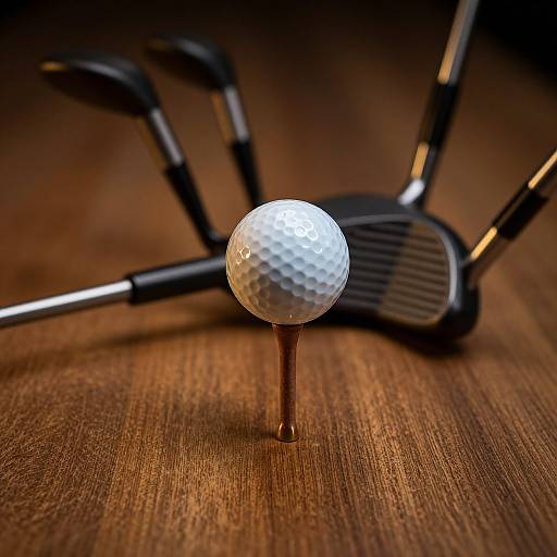 Photograph of a white, textured golf ball on a tee, with three black and silver golf clubs scattered on a wooden floor.