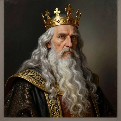 Photorealistic portrait of an elderly king with long white hair, a full white beard, wearing a gold crown with red gems, and ornate black