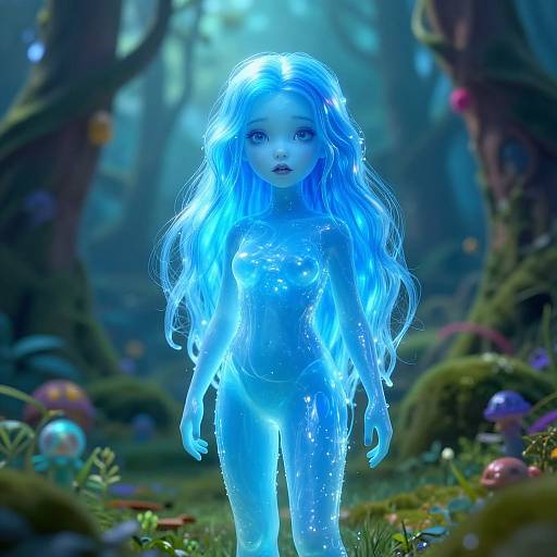 Digital artwork of a glowing blue, translucent, ethereal child with long, flowing blue hair, standing in a mystical forest with colorful mushrooms and soft,