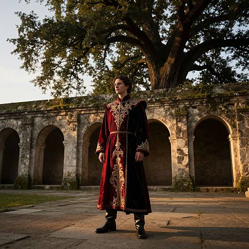 Photograph of a young man in ornate black and red medieval robe, standing in front of an ancient, arched stone wall with a large tree