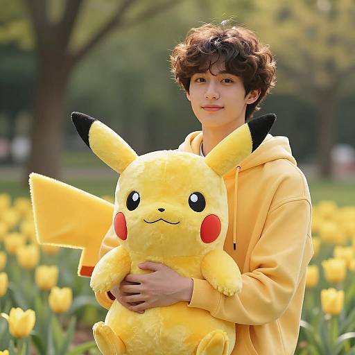 Young Man Holding Pikachu Plush in Sunny Park