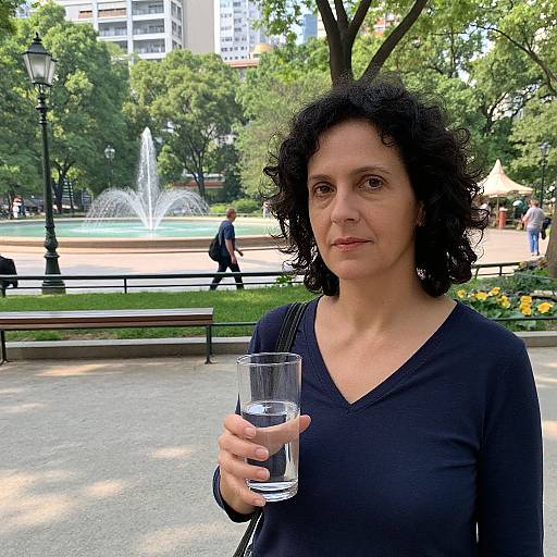 Photograph of a middle-aged woman with curly black hair, wearing a black V-neck shirt, holding a clear glass of water, standing in a park