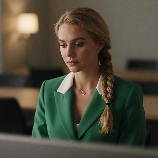 Serious Blonde Woman in Green Blazer