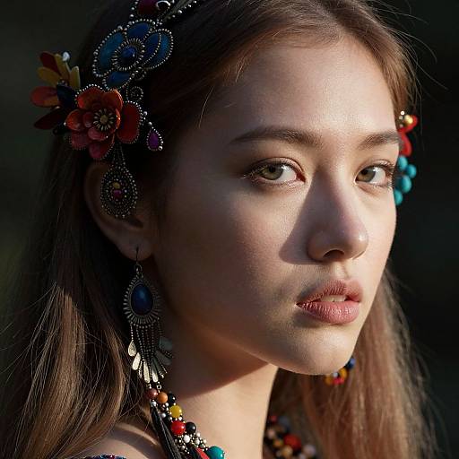 Close-up photograph of a young Asian woman with fair skin, brown eyes, and light brown hair, adorned with colorful flower and bead headpiece, and