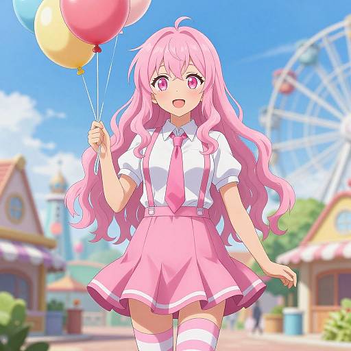 Anime Girl at Colorful Amusement Park