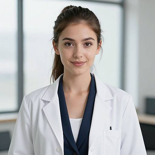 Photograph of a young, light-skinned woman with brown hair in a ponytail, wearing a white lab coat over a black shirt, smiling in