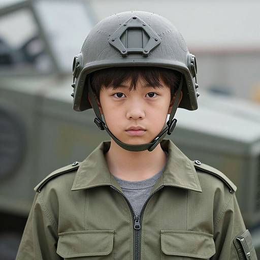 Photograph of an Asian boy wearing a black military helmet, olive green jacket, and gray shirt, standing in front of a blurred military vehicle.