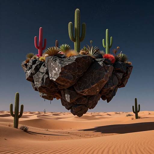 Digital artwork of a floating rock island with cacti, succulents, and desert plants, set against a starry night sky over orange sand
