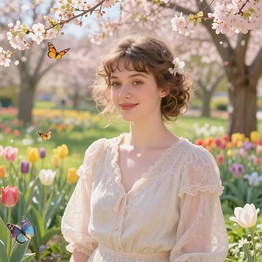 Photograph of a young woman with fair skin and brown curly hair, wearing a white lace dress, standing amidst a colorful tulip garden with blooming
