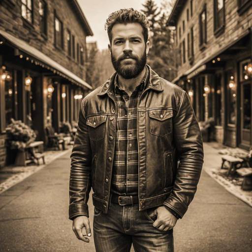 Bearded Man in Leather Jacket on Vintage Street