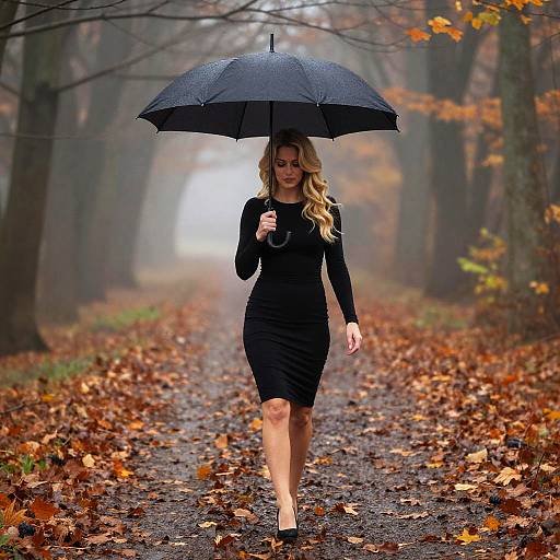 Photograph of a blonde woman in a black dress and heels, holding a black umbrella, walking through a foggy, autumnal forest path covered in