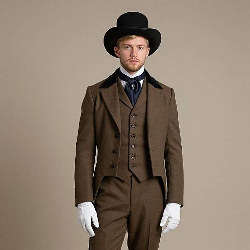 Photograph of a tall, fair-skinned man with red beard, wearing a black top hat, brown three-piece suit, white gloves, black tie