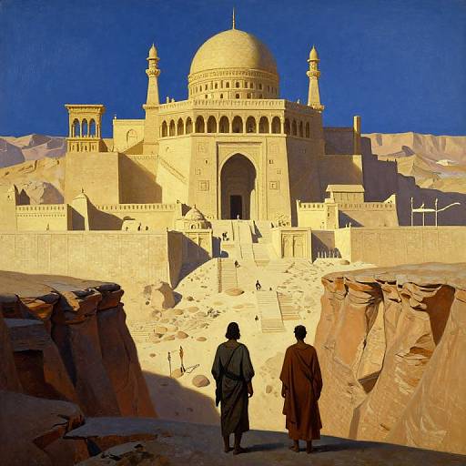 Photograph of a sunlit, beige Islamic mosque with a central dome and two minarets, viewed from rocky desert foreground with two robed figures