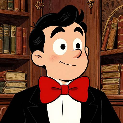 Cartoon of a smiling, fair-skinned man with black hair, large eyes, and a red bowtie, wearing a black suit, in a
