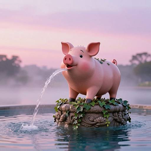 CGI image of a pink pig with a joyful expression, standing on a floral rock in a misty lake, urinating into the water. Soft