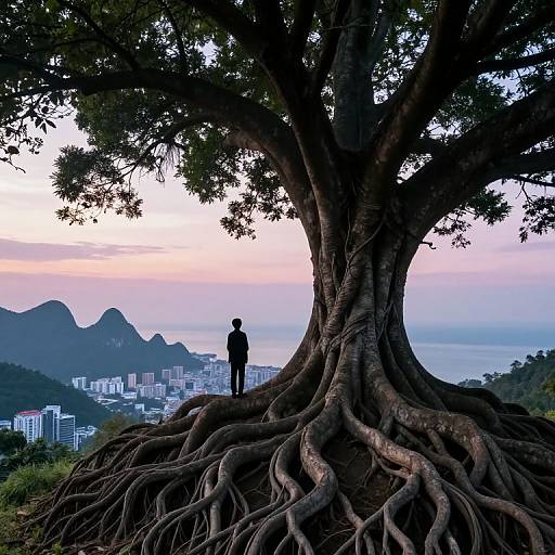 Photograph of a solitary figure standing at the base of a massive, sprawling tree with intricate roots, overlooking a coastal cityscape at sunset.