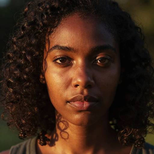 Close-up photograph of a young Black woman with dark curly hair, glowing brown skin, and intense expression, illuminated by warm sunlight.
