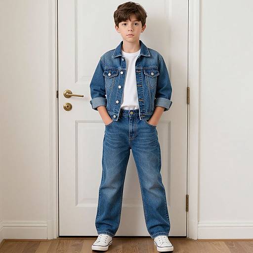Photograph of a young boy with short brown hair, wearing a blue denim jacket, white shirt, blue jeans, and white sneakers, standing with hands