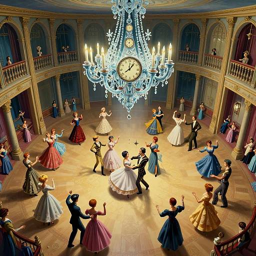 Photograph of elegant ballroom dance; multi-colored ballgowns, men in suits, grand chandelier, clock, ornate architecture, wooden floor
