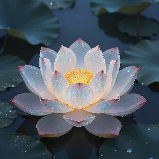 Photograph of a glowing white lotus flower with yellow center, surrounded by dark blue water and lily pads, sparkling with dew drops.