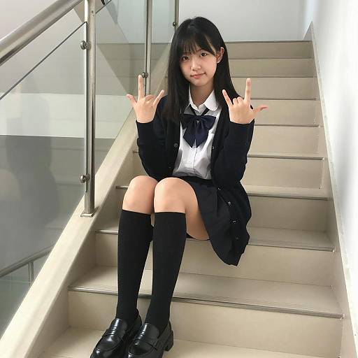 Casual Asian Girl on Indoor Staircase
