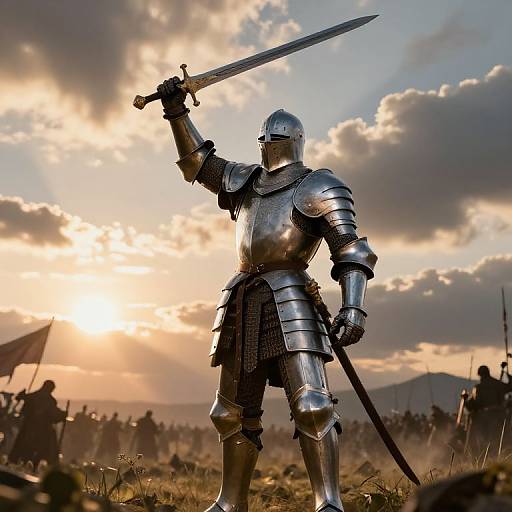 Photograph of a knight in shiny silver armor, holding a raised sword, standing in a battlefield at sunset, with a cloudy sky and silhouet