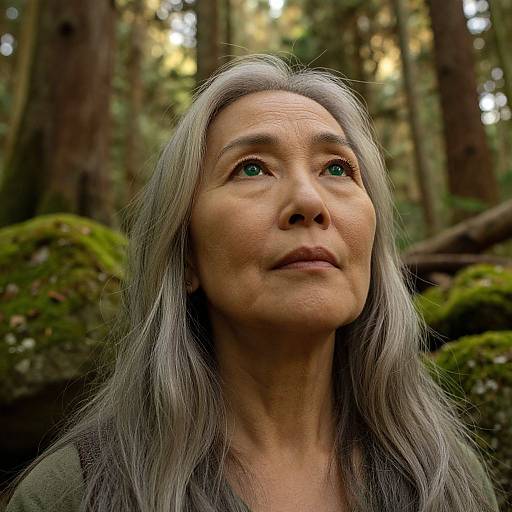 Photograph of an older woman with long, silver-gray hair, green eyes, and a thoughtful expression, standing in a mossy forest.