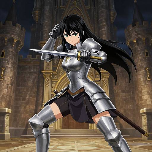 Dynamic Battle Pose Black-Haired Woman