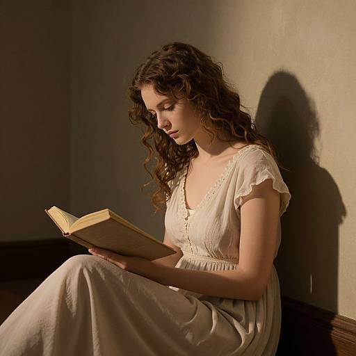 Photograph of a curly-haired woman in a white, lace-trimmed dress, sitting in shadows, reading an old book, casting a shadow on