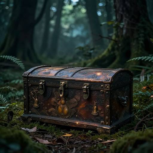 Photograph of a weathered, ornate chest with brass locks and intricate patterns, illuminated by subtle light, nestled in a dense, misty forest
