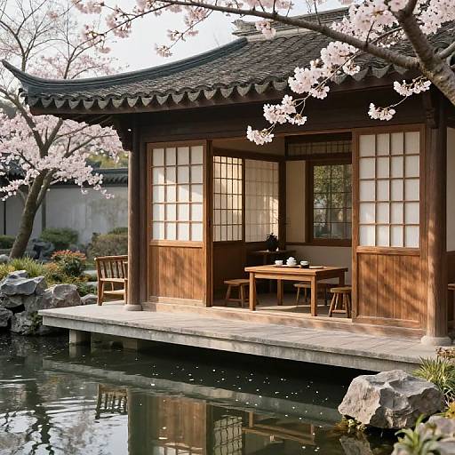 Photograph of a traditional Japanese tea house with cherry blossom trees, wooden furniture, and a tranquil pond with rocks in foreground.