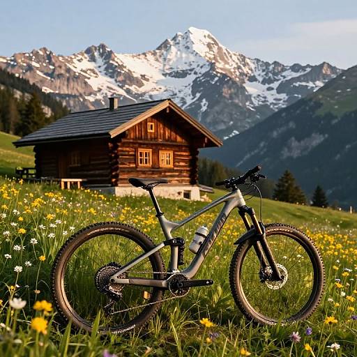 Photograph of a mountain bike in a vibrant meadow with wildflowers, in front of a wooden chalet with snow-capped mountains in the background